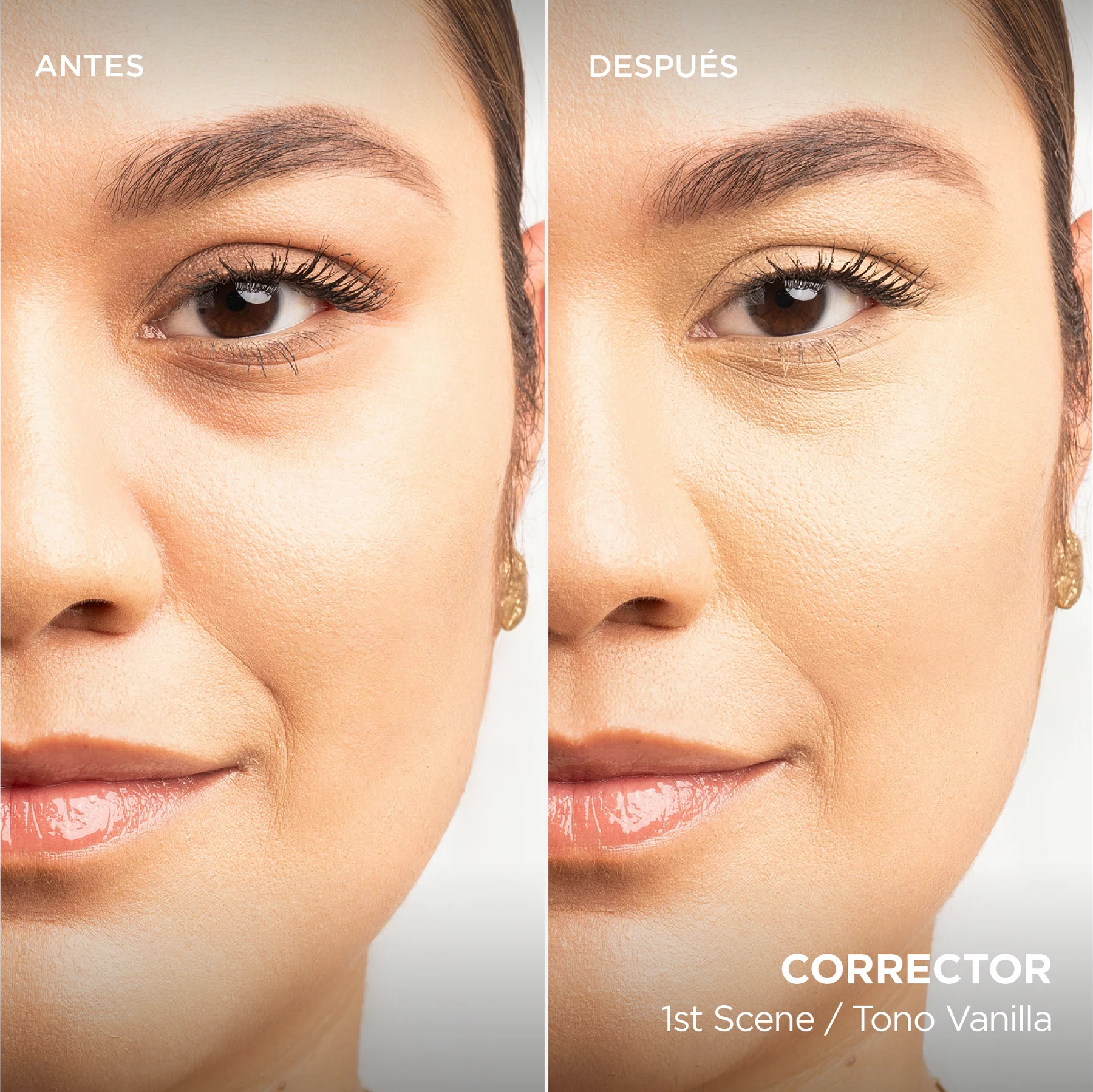 Antes y después del Corrector Líquido 1ST Scene tono Vanilla